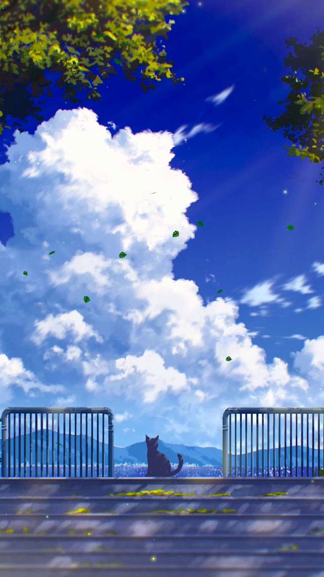 唯美治愈插画台阶猫咪