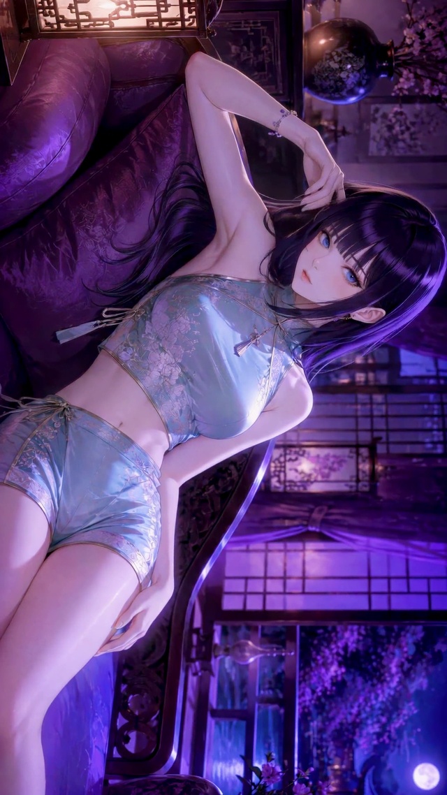 紫发旗袍古风美女月下小憩