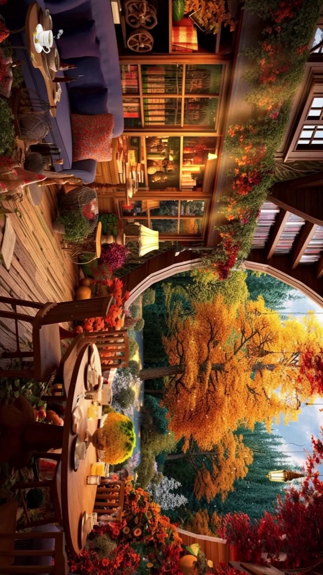 秋天阳光森林小屋