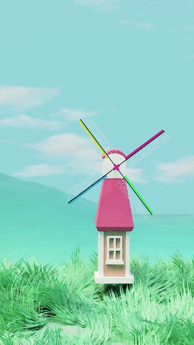 白云、风车、草地、远山