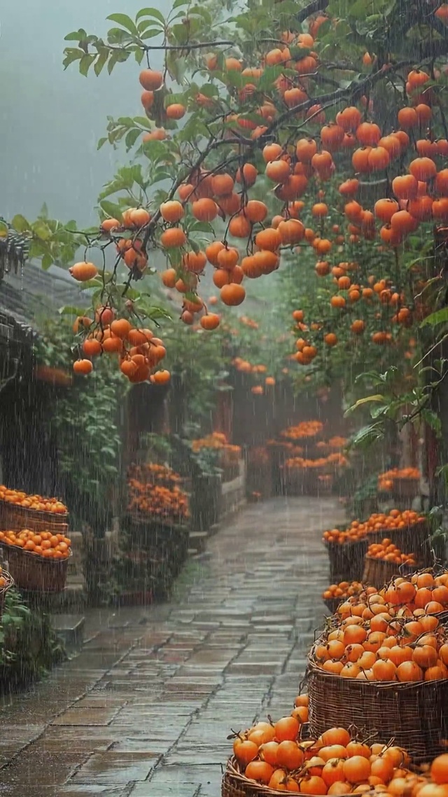 雨天柿子树