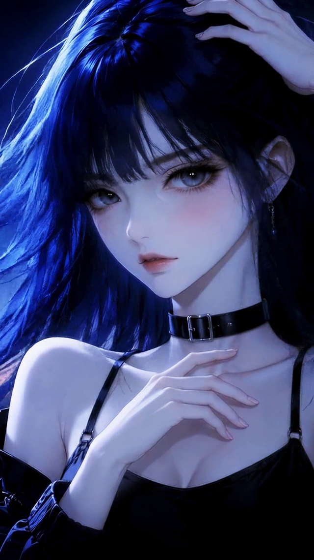 夜幕天台蓝发二次元美少女