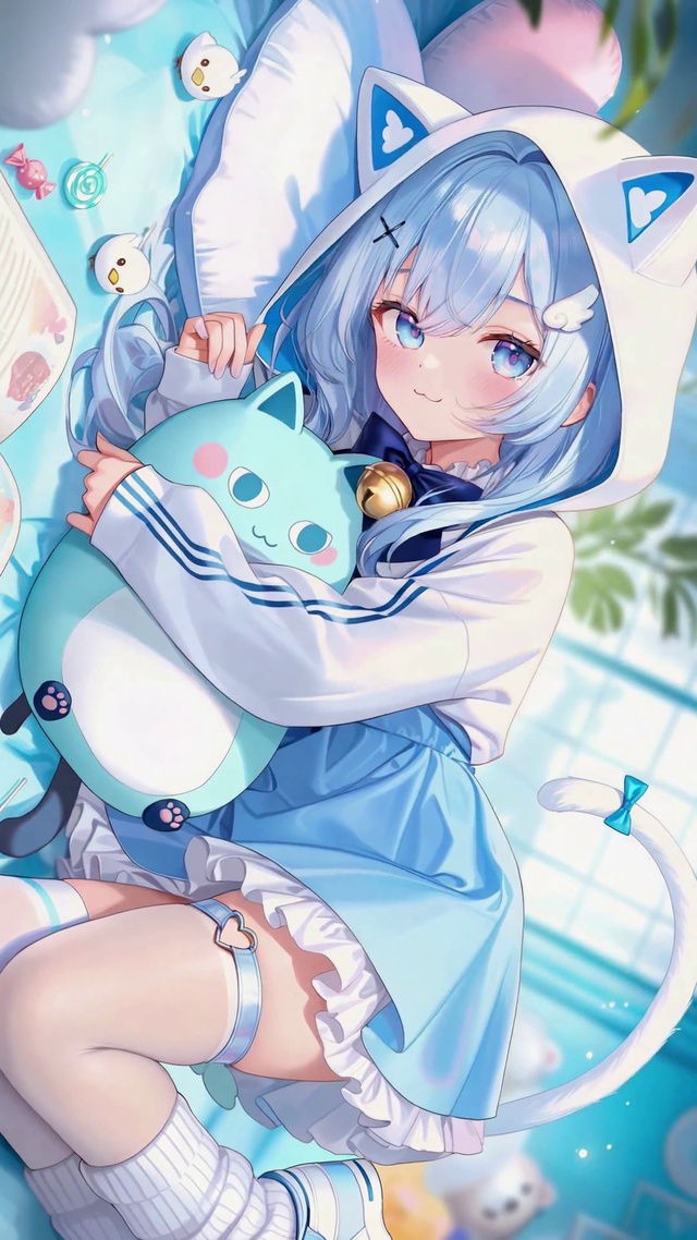 蓝发猫耳软萌二次元少女