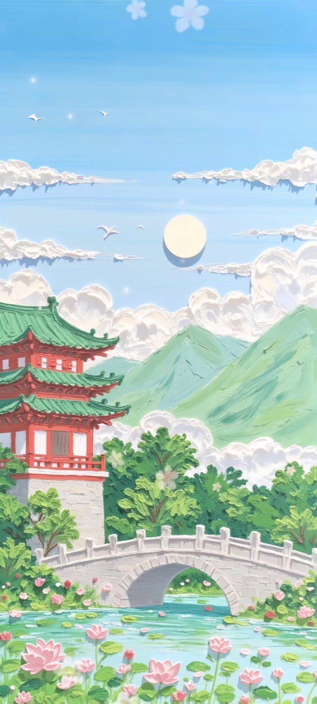 夏荷飞鸟晴云伴