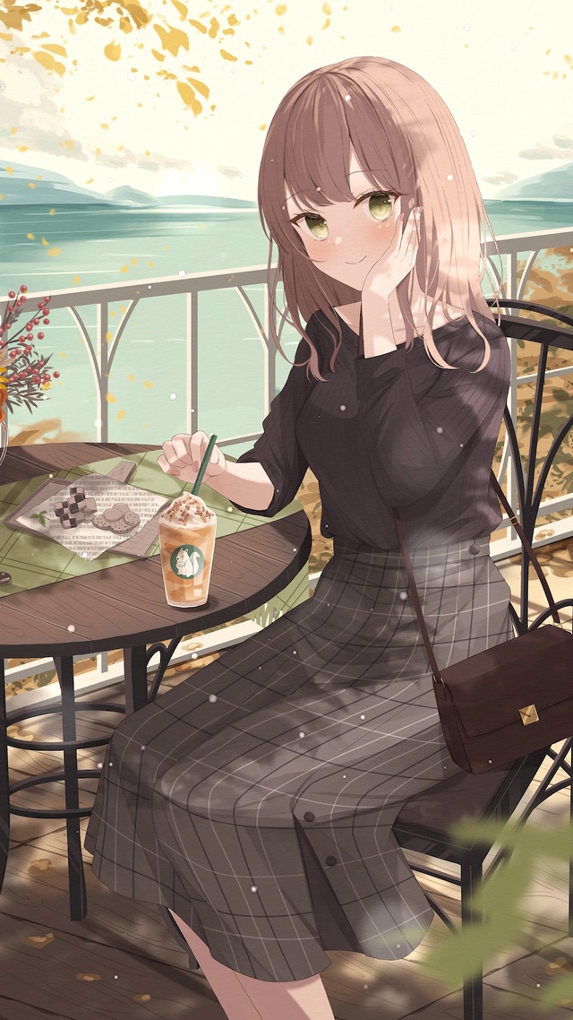 晚秋喝奶茶少女