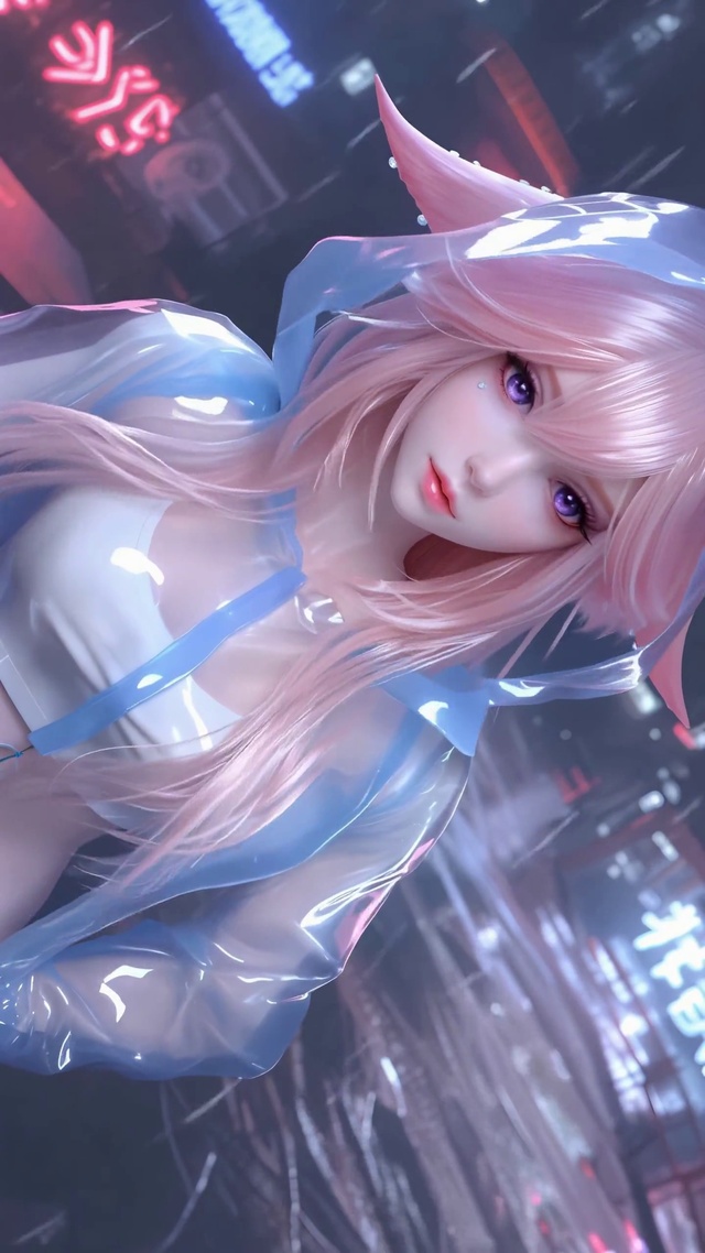 雨夜霓虹下的狐耳少女