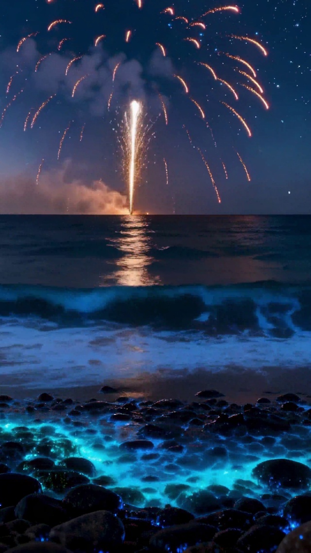 蓝眼泪海边烟花星空夜景