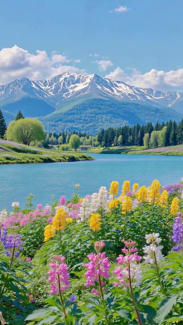 清新湖畔繁花雪山美景