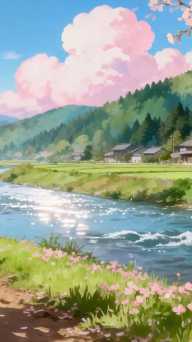 唯美治愈樱花树木房屋河流
