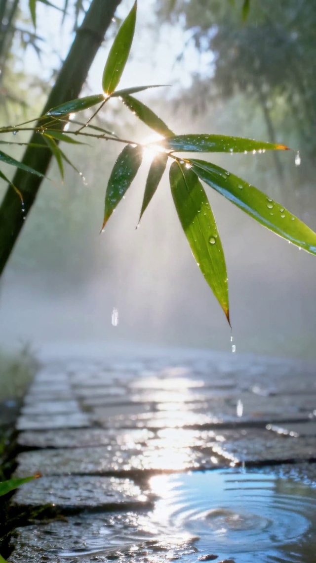 竹林雨后晨光