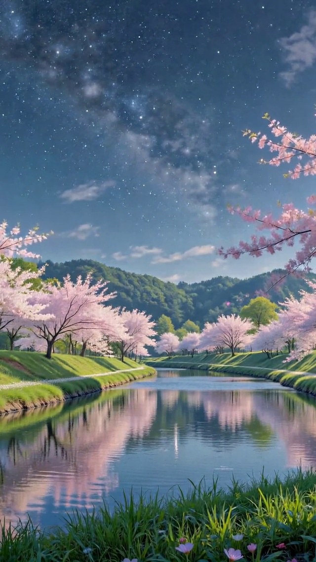 星空下樱花河畔唯美风景