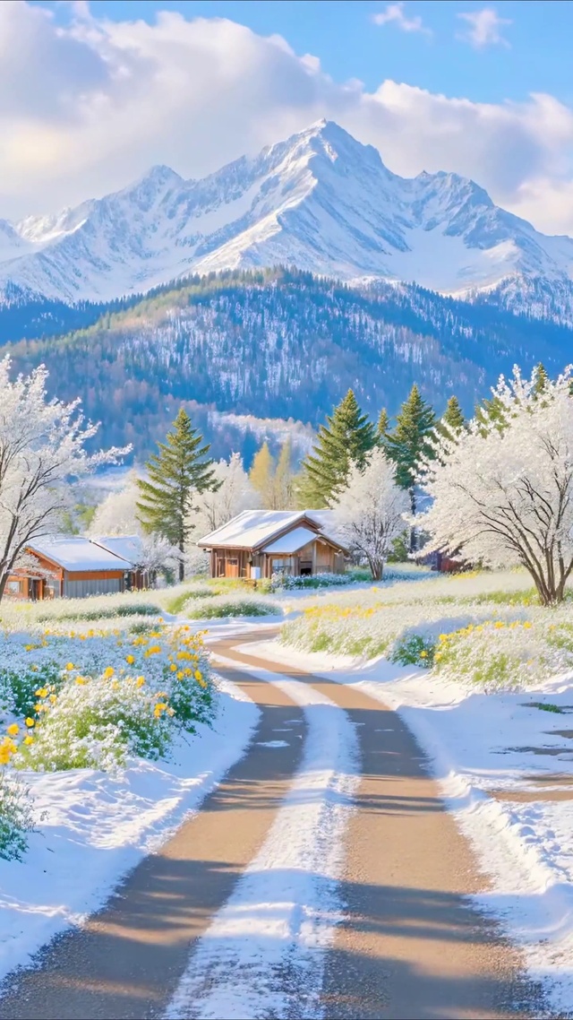 唯美冬日村庄小路