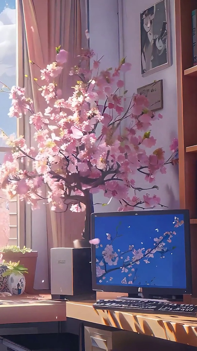 护眼窗外樱花树木