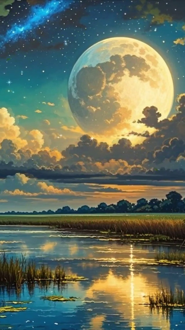 夜景星空树木河流