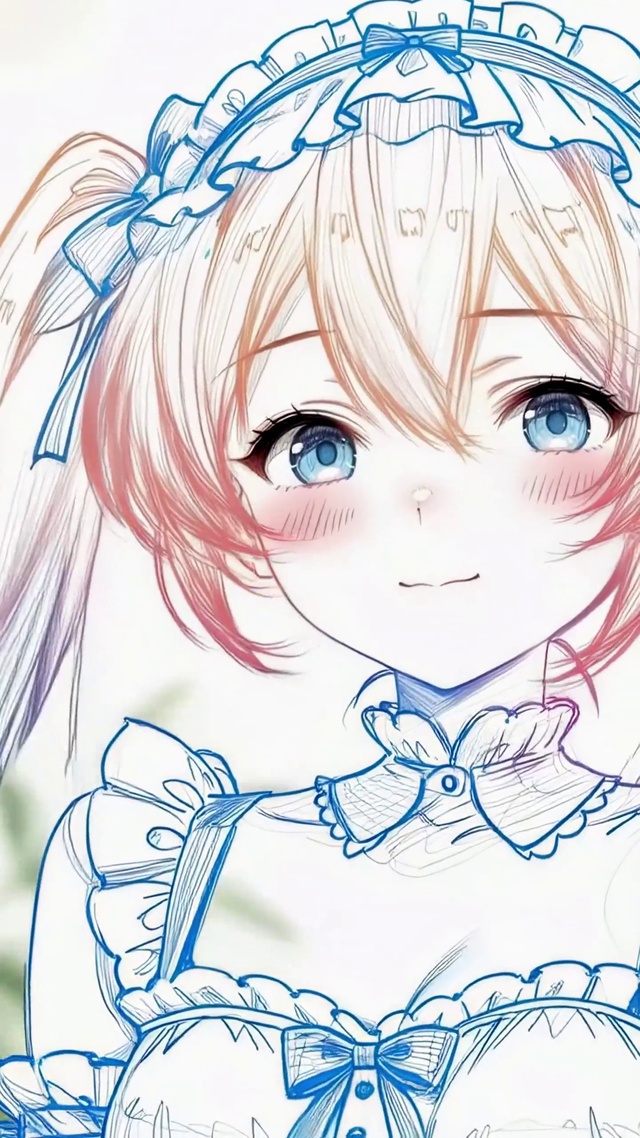 粉蓝手绘的双马尾女仆