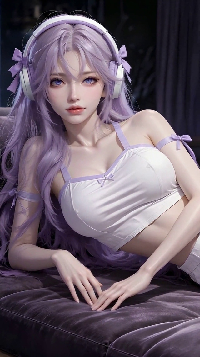紫发耳机清纯美少女
