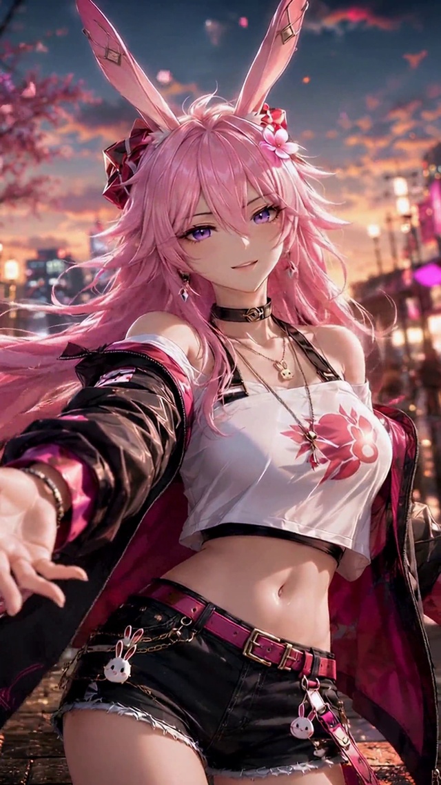 粉色兔耳美少女樱花街漫步