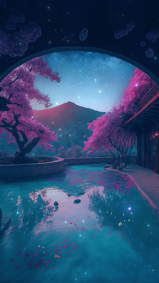 星空下的樱花树