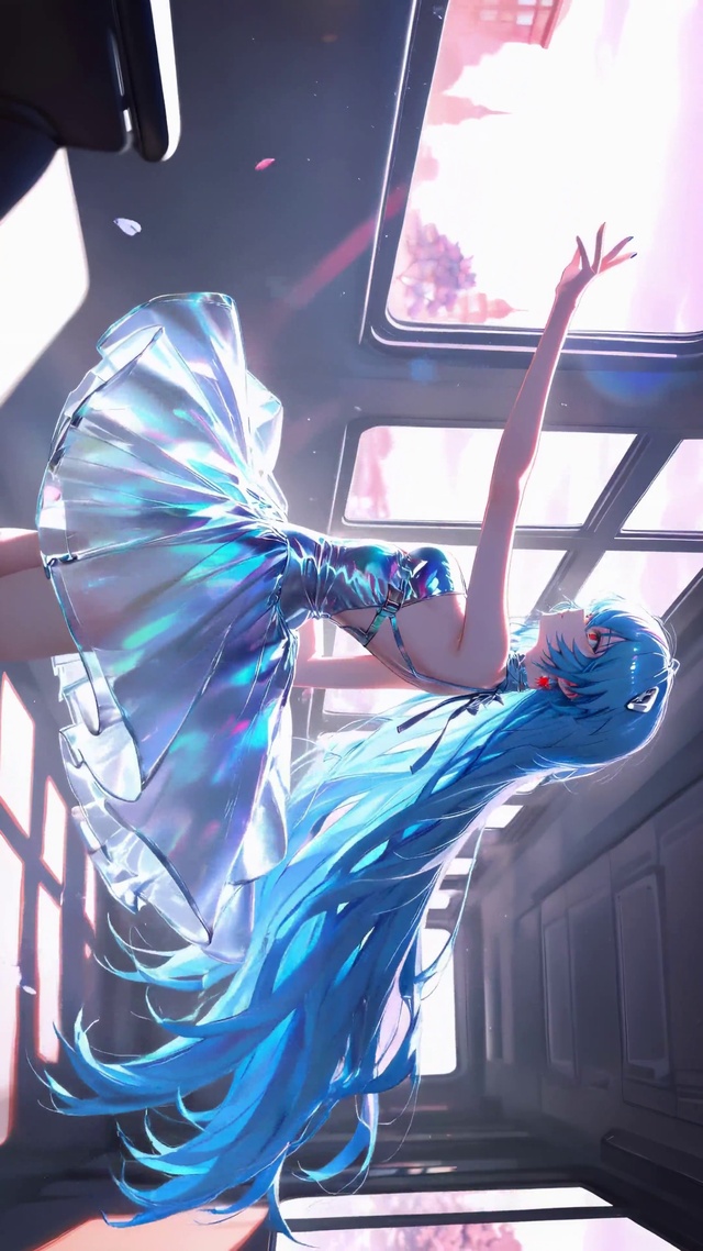 夕阳下列车里的蓝发炫彩少女