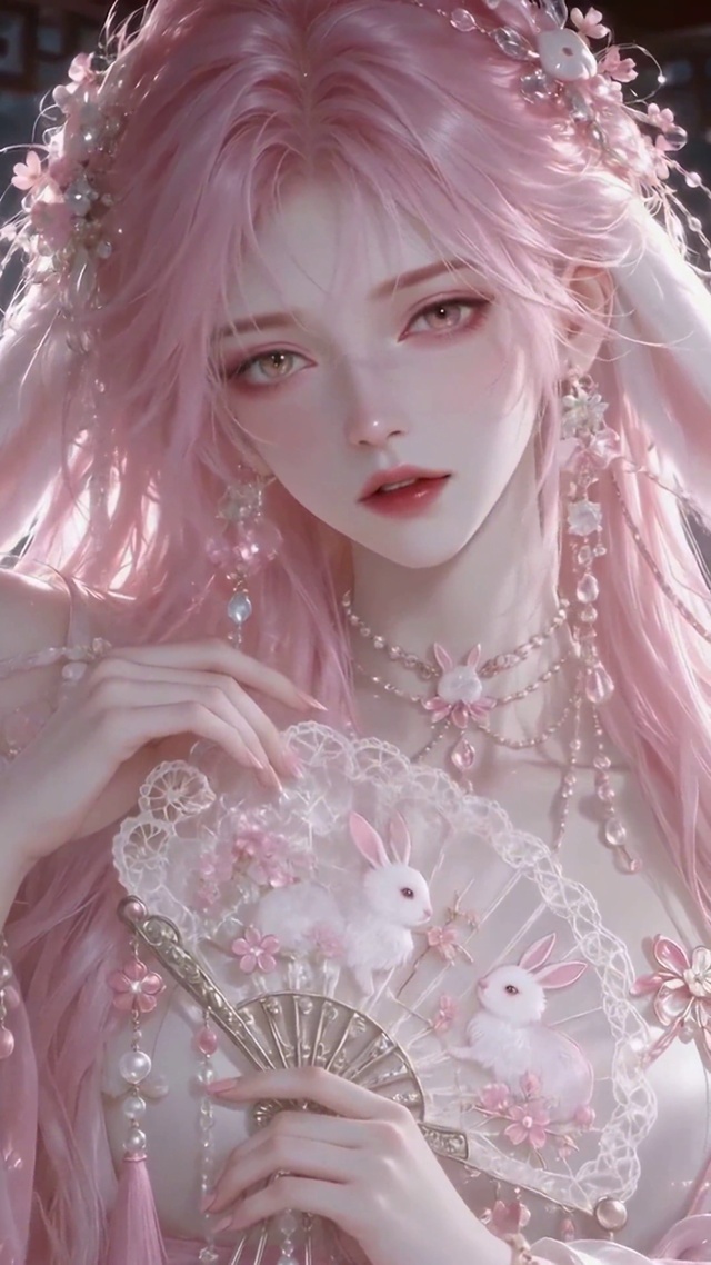 粉色古风兔耳美少女月下赏樱