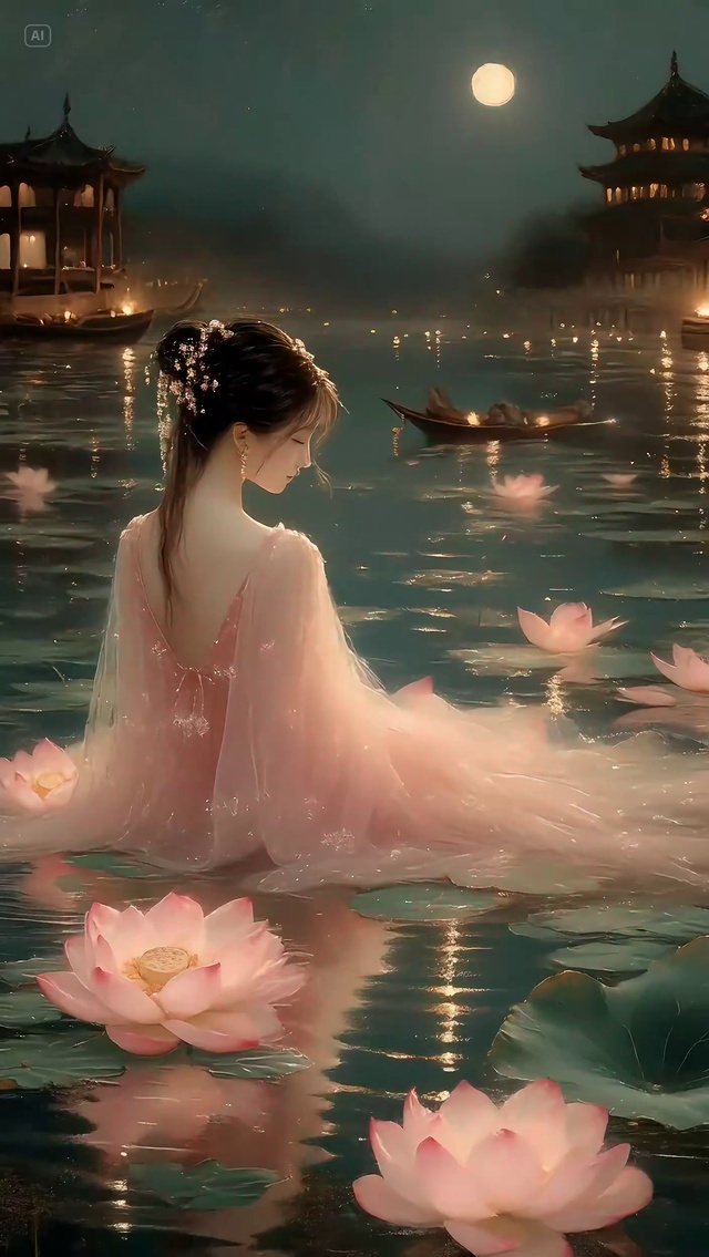 荷塘月色 美女莲花 竖屏