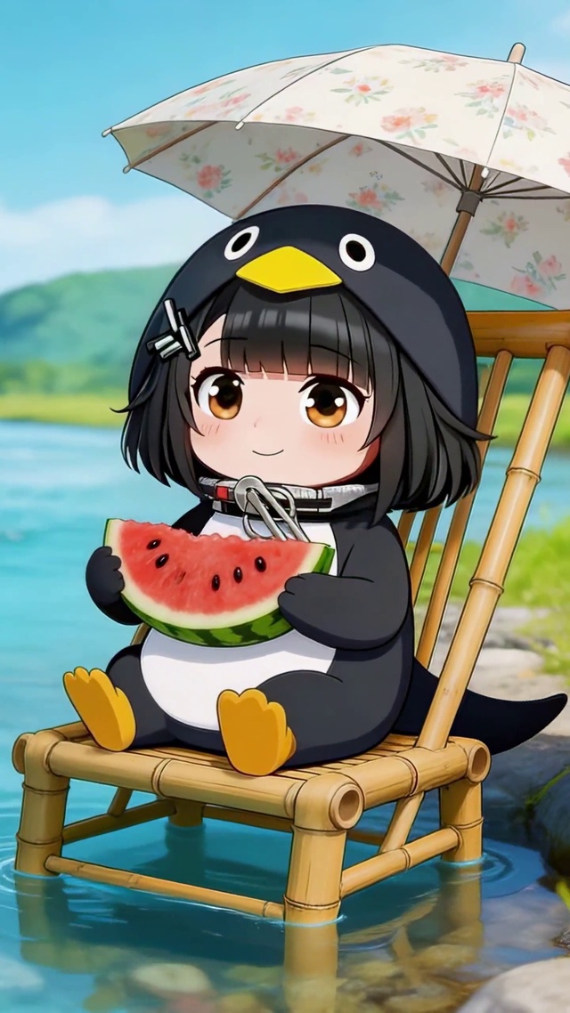 夏日小河边吃瓜小企鹅