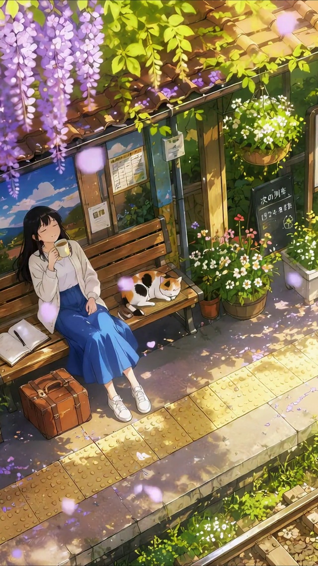 车站紫藤下少女午后小憩