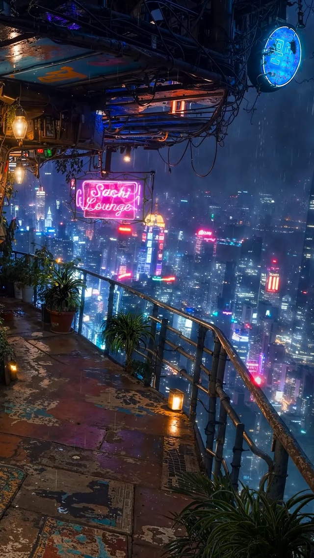 未来雨夜城市小屋阳台