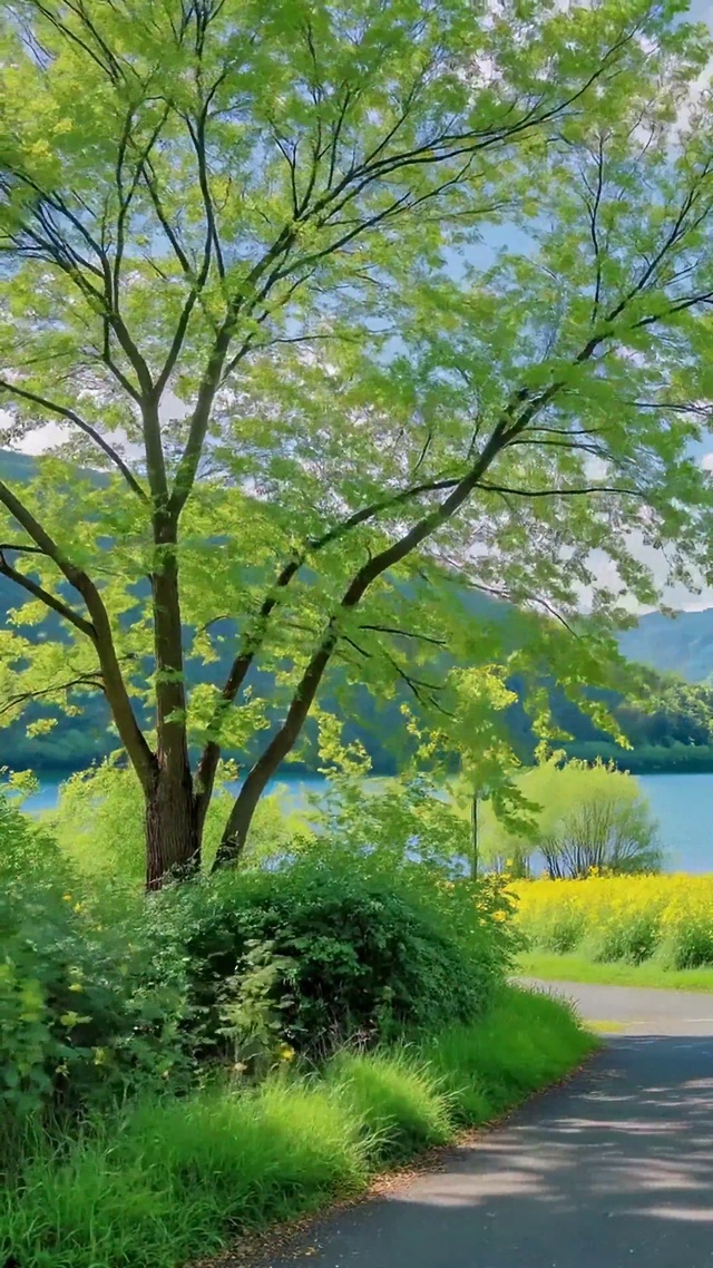 清新春日湖畔自然风景