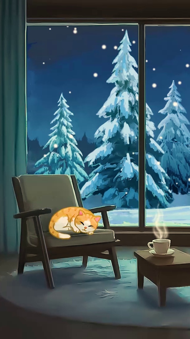 温馨小猫雪景房间