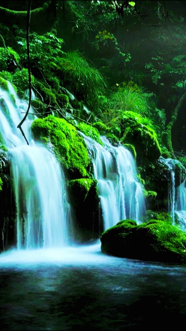 4K护眼绿林山涧瀑布