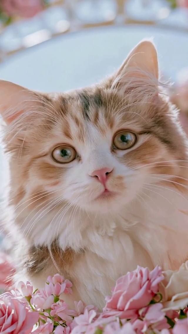 玫瑰丛中的可爱萌猫