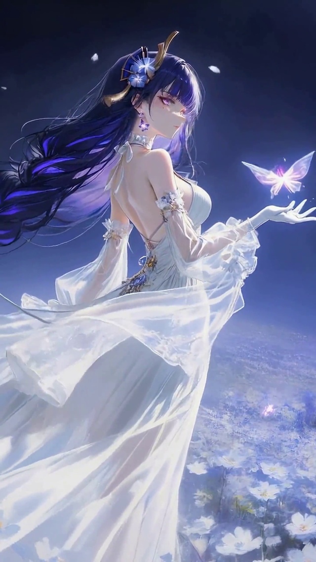 紫发白裙少女与荧光蝴蝶