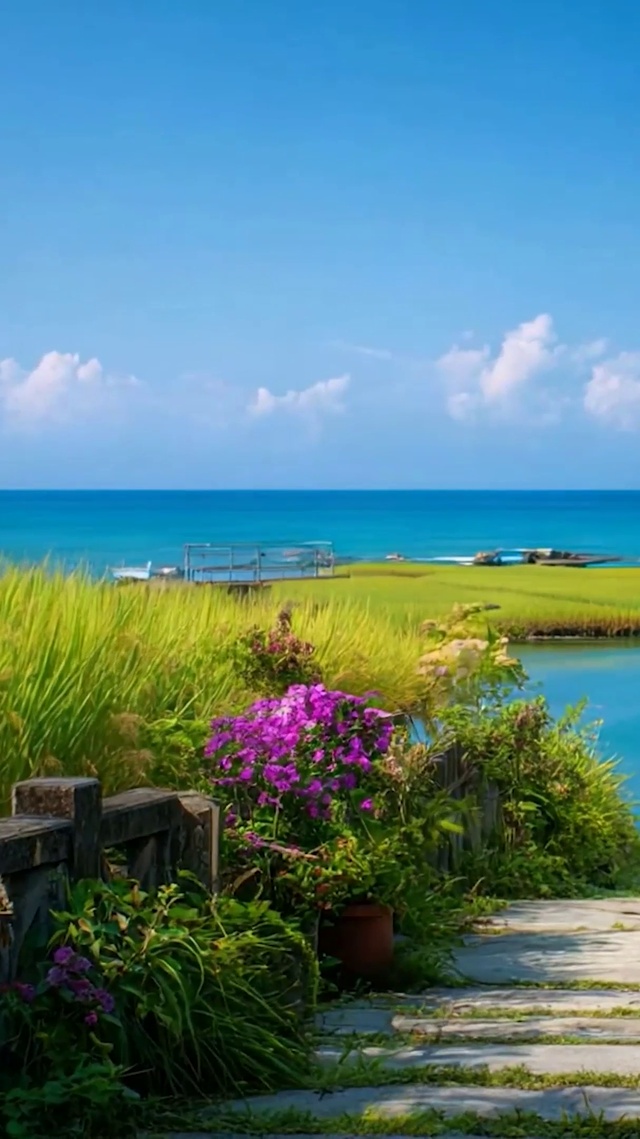 蓝天白云树木海景