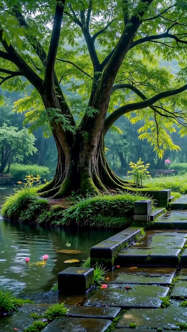 静谧雨天森林水景