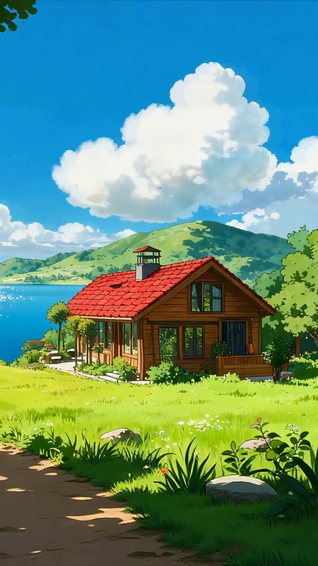 蓝天白云树木房屋