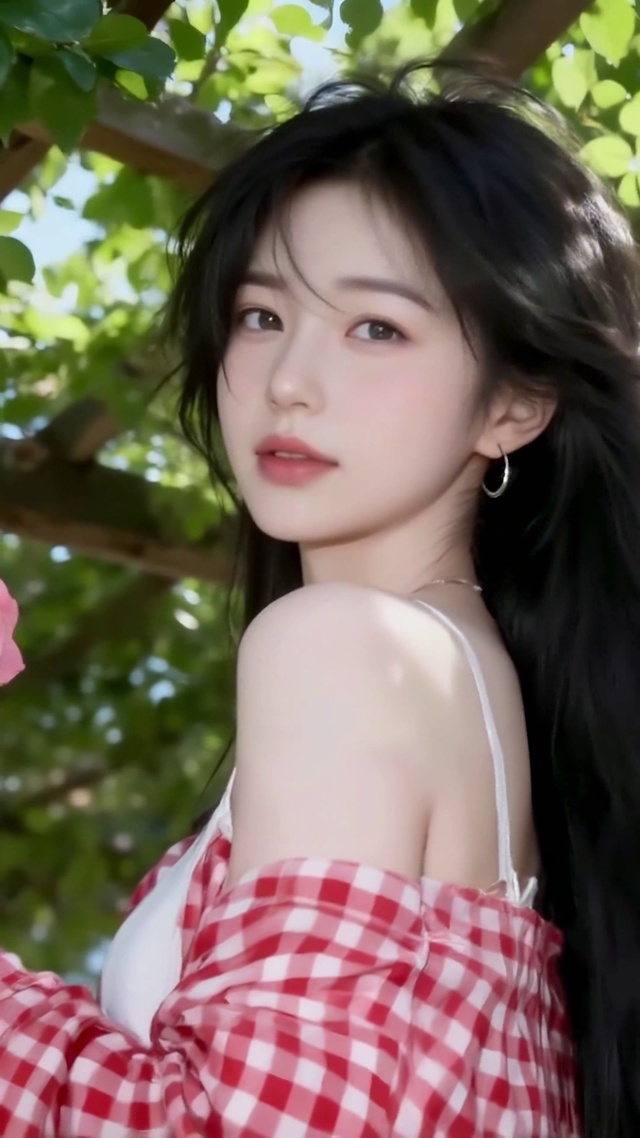 户外蔷薇下的清纯长发美少女