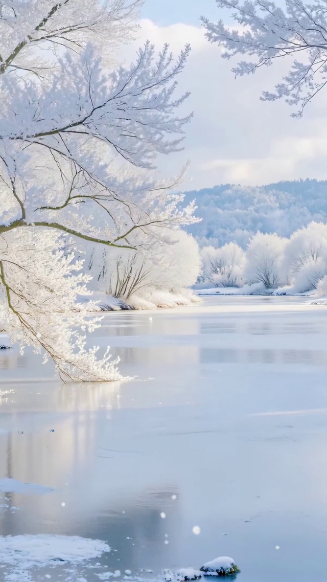 晴朗飘雪冬日冰湖