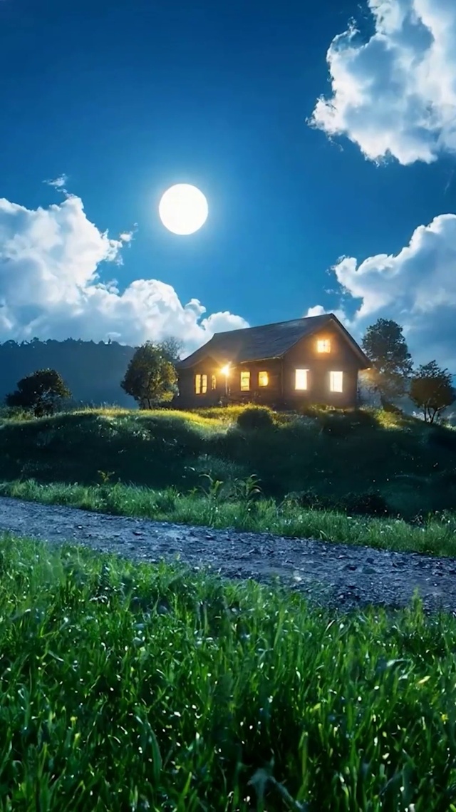 夜景树木房屋