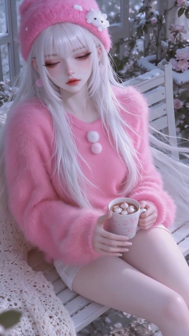 冬日花房粉系美女