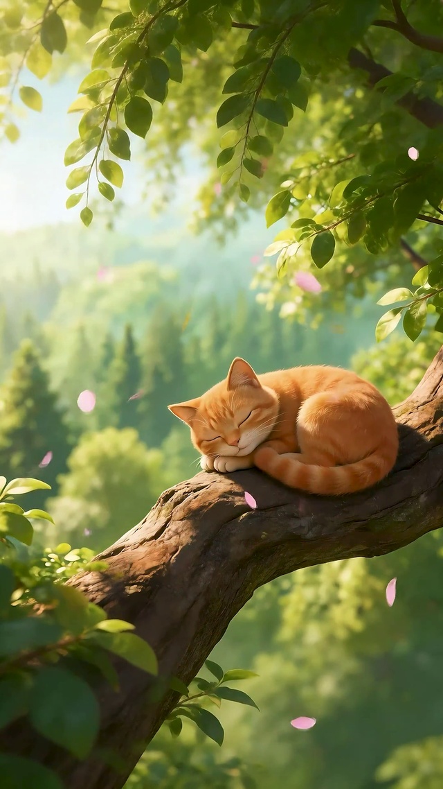 树杈上睡觉的小猫