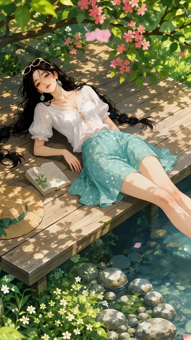 溪边少女与橘猫