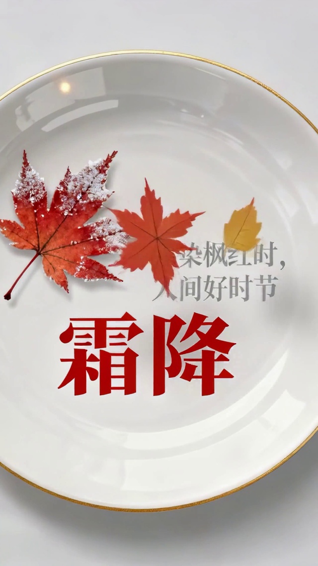 冬日雪地山红色枫叶预示着霜降了