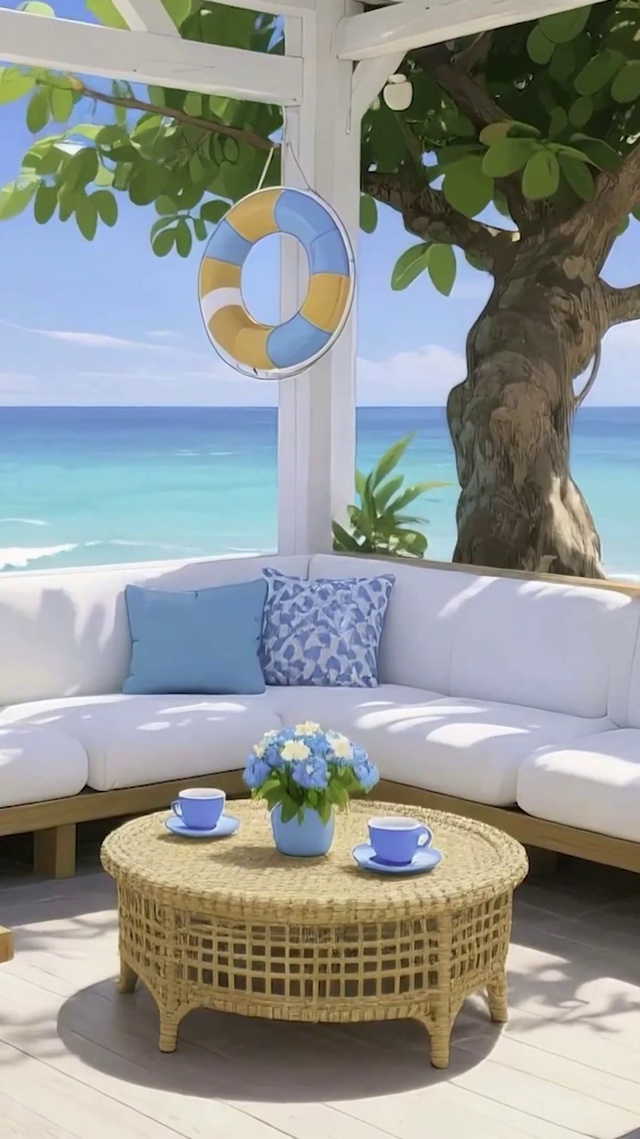 蓝天白云树木海景