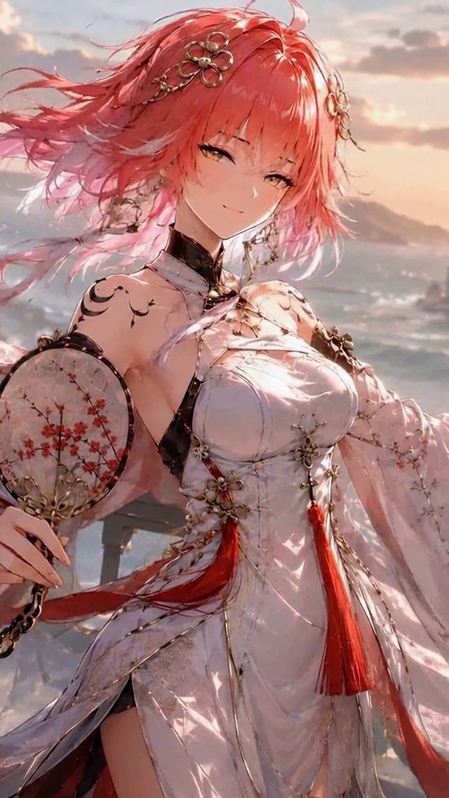 海边落日古风红发美少女