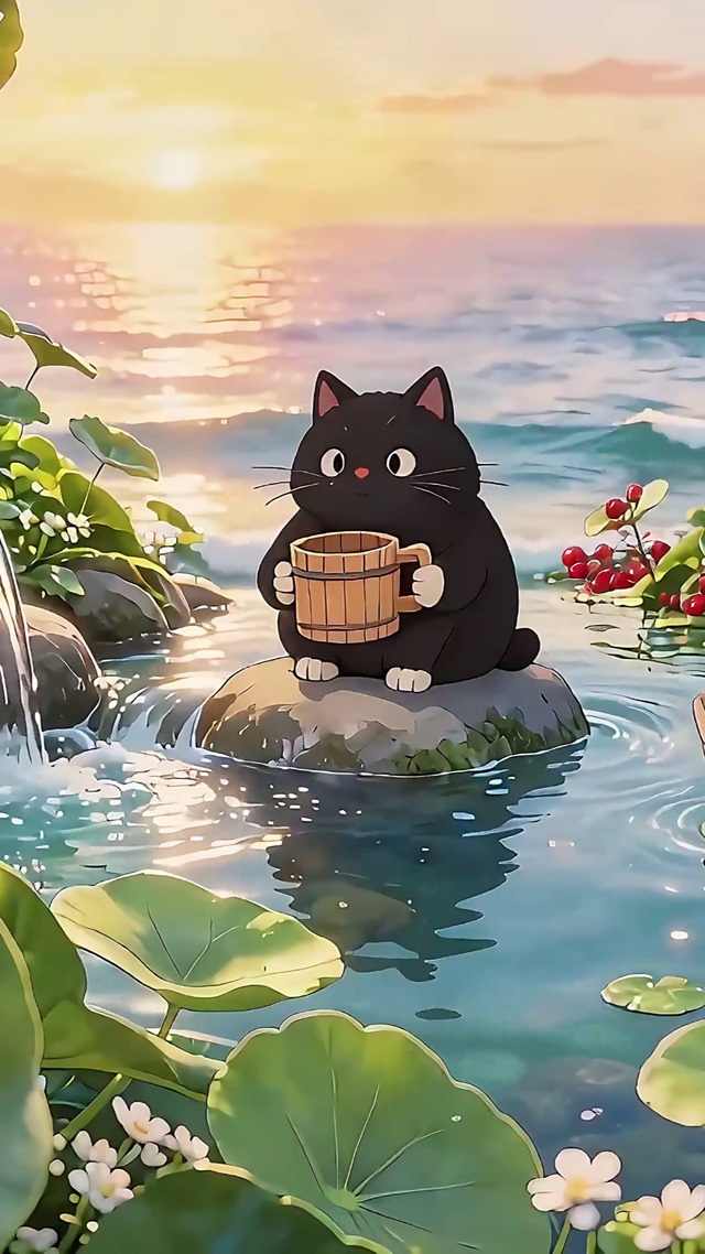 海边接水小猫