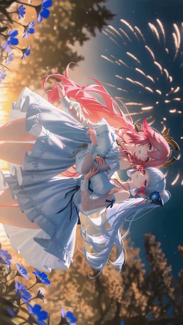 夜空烟花双子少女