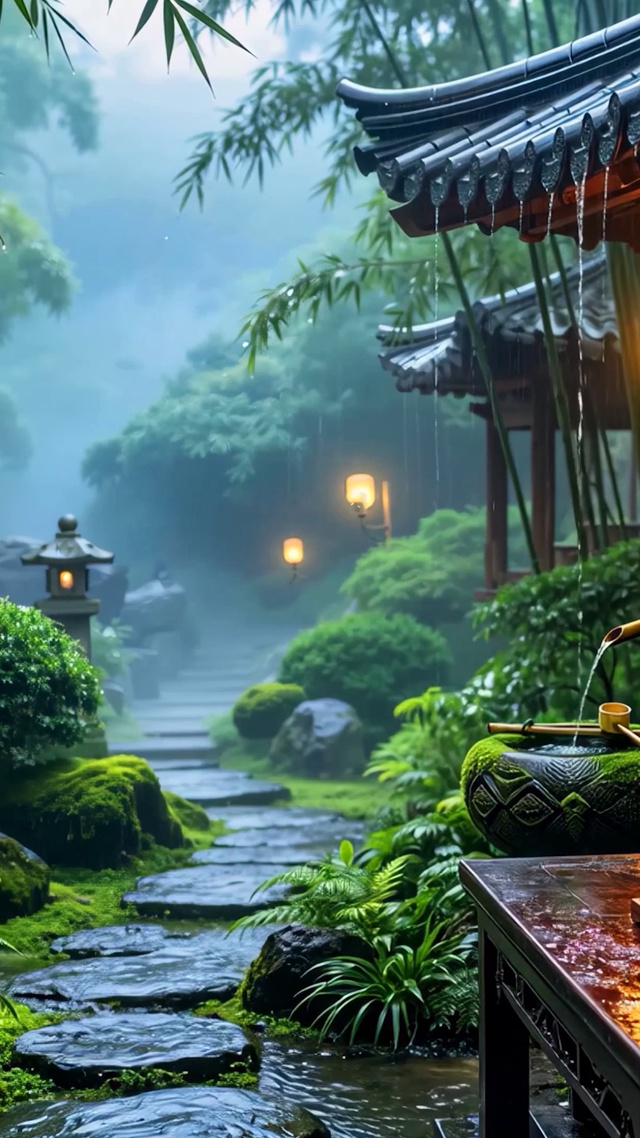 幽静竹林雨天小屋