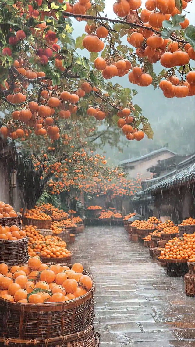 雨天柿子树小镇