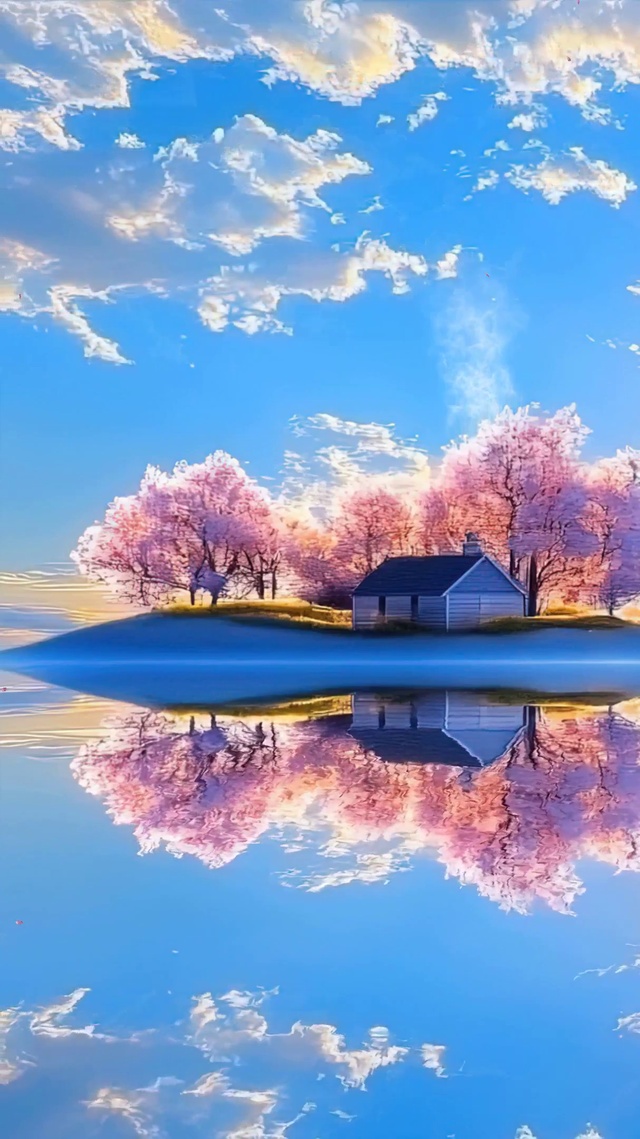 护眼蓝天白云樱花树木海景